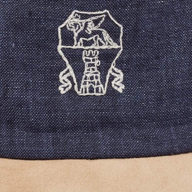 Pre Owned Brunello Cucinelli Blue/Beige Logo Embroidery Linen and Suede Baseball Cap M