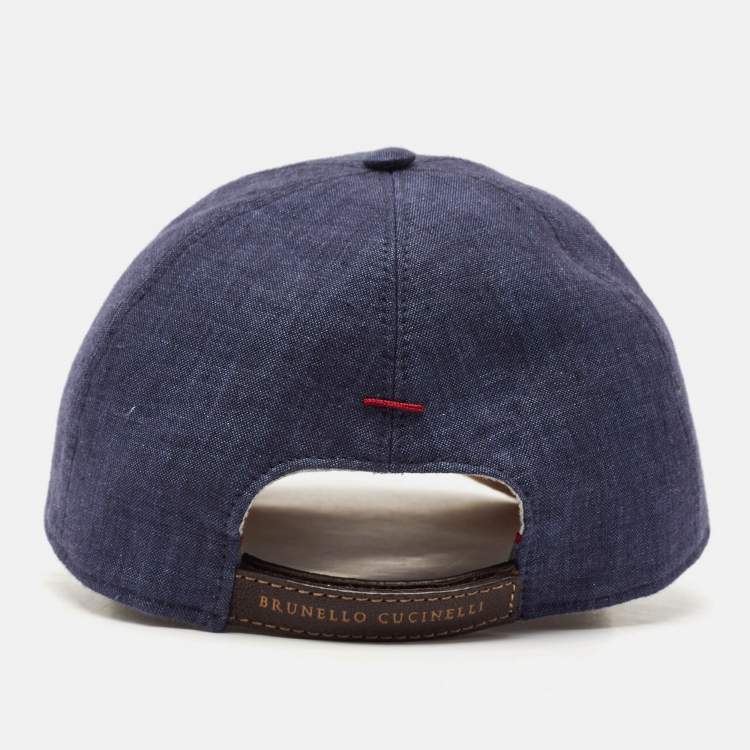 Pre Owned Brunello Cucinelli Blue/Beige Logo Embroidery Linen and Suede Baseball Cap M