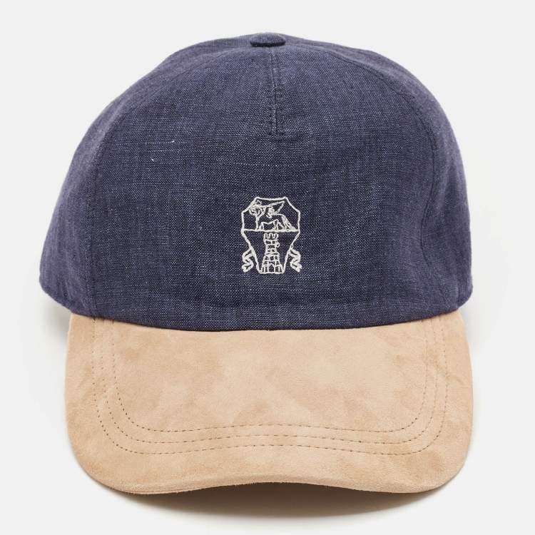 Pre Owned Brunello Cucinelli Blue/Beige Logo Embroidery Linen and Suede Baseball Cap M
