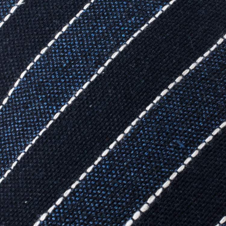 Pre Owned Brunello Cucinelli Blue Cotton Linen Striped Narrow Tie