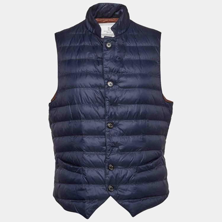 Pre Owned Brunello Cucinelli Navy Blue Synthetic Buttoned Front Puffer Vest L