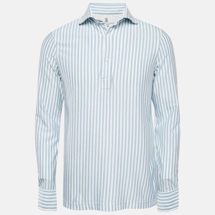Pre Owned Brunello Cucinelli White/Blue Stripe Cotton Half Placket Shirt M