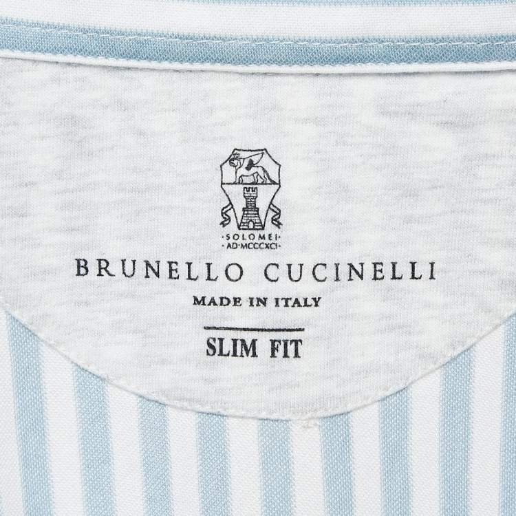 Pre Owned Brunello Cucinelli White/Blue Stripe Cotton Half Placket Shirt M