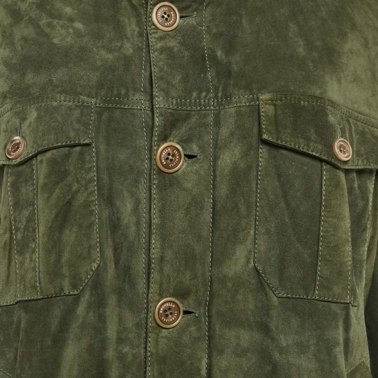Pre Owned Brunello Cucinelli Green Ribbed Trim Suede Buttoned Jacket XL