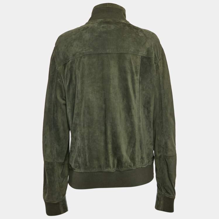 Pre Owned Brunello Cucinelli Green Ribbed Trim Suede Buttoned Jacket XL