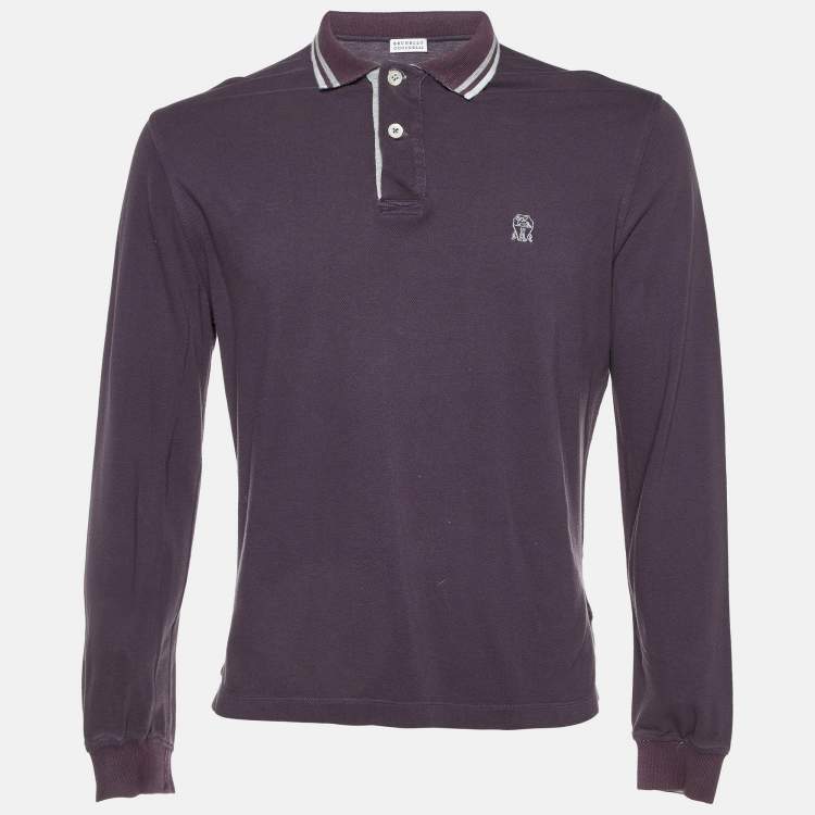 Pre Owned Brunello Cucinelli Purple Cotton Long Sleeve Polo T-Shirt M