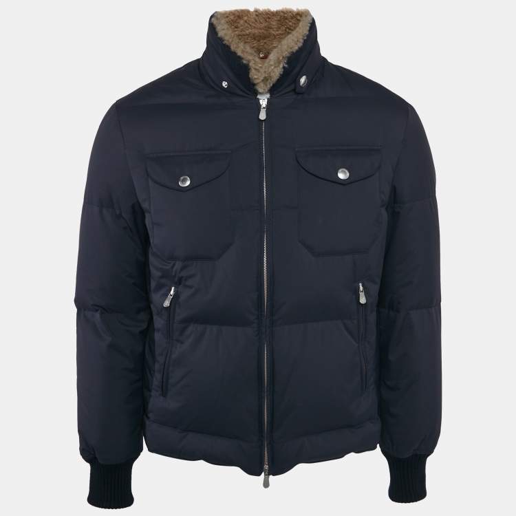 Pre Owned Brunello Cucinelli Blue Nylon Shearling Trim Nylon Down Jacket XS