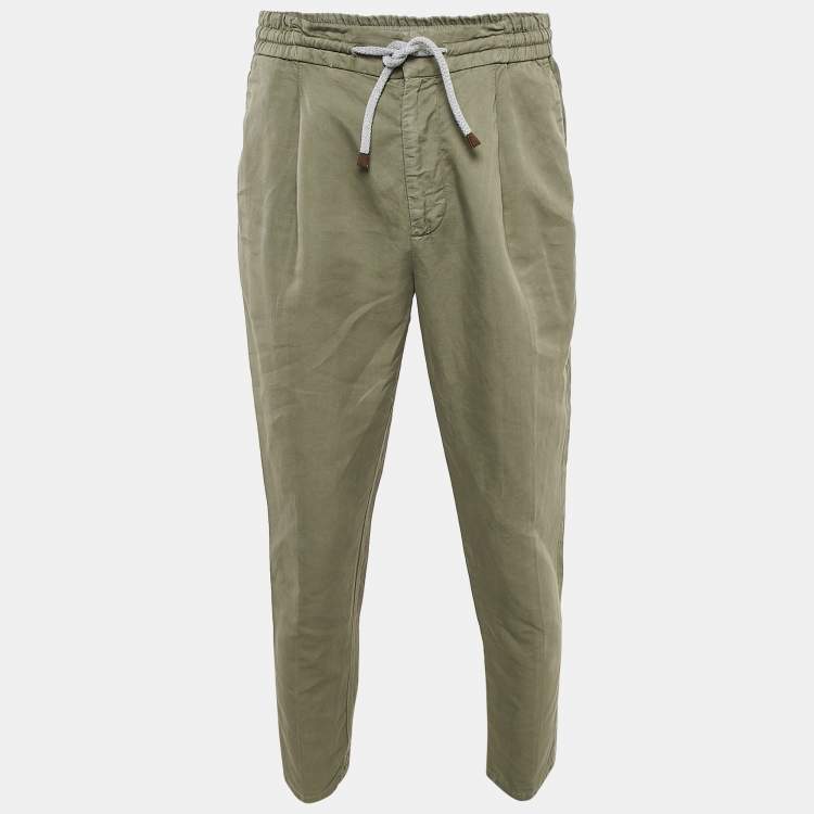 Pre Owned Brunello Cucinelli Green Linen Blend Draw String Leisure Fit Pants S