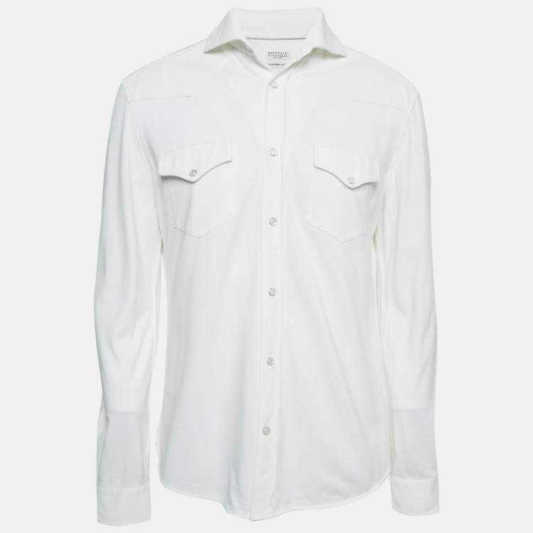 Pre Owned Brunello Cucinelli White Cotton Pique Long Sleeve Long Shirt L