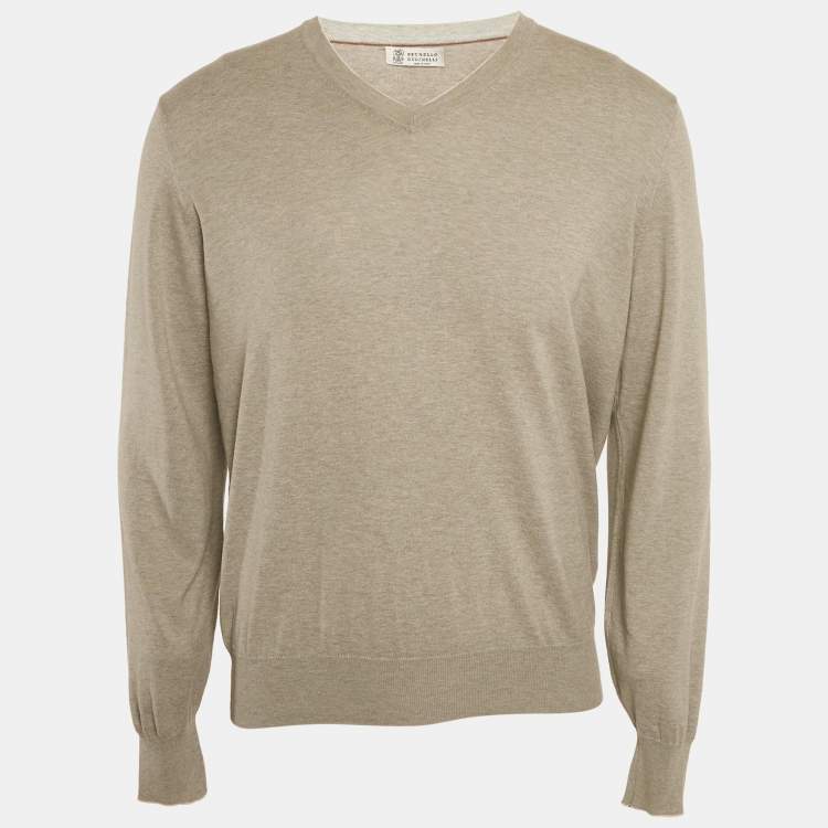 Pre Owned Brunello Cucinelli Grey Cotton Knit V-neck T-Shirt L