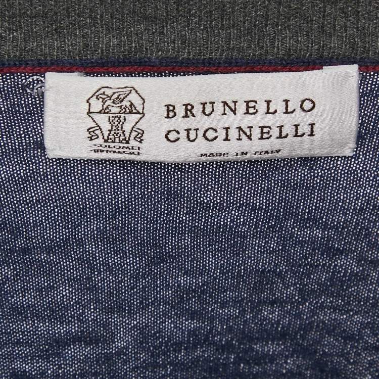 Pre Owned Brunello Cucinelli Blue Cotton Knit V-Neck Sweatshirt L