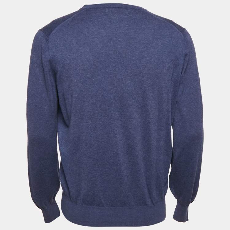 Pre Owned Brunello Cucinelli Blue Cotton Knit V-Neck Sweatshirt L