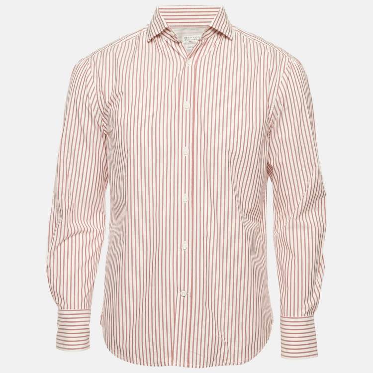 Pre Owned Brunello Cucinelli Red/White Striped Cotton Slim Fit Shirt M