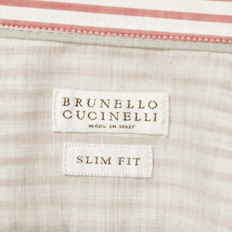 Pre Owned Brunello Cucinelli Red/White Striped Cotton Slim Fit Shirt M