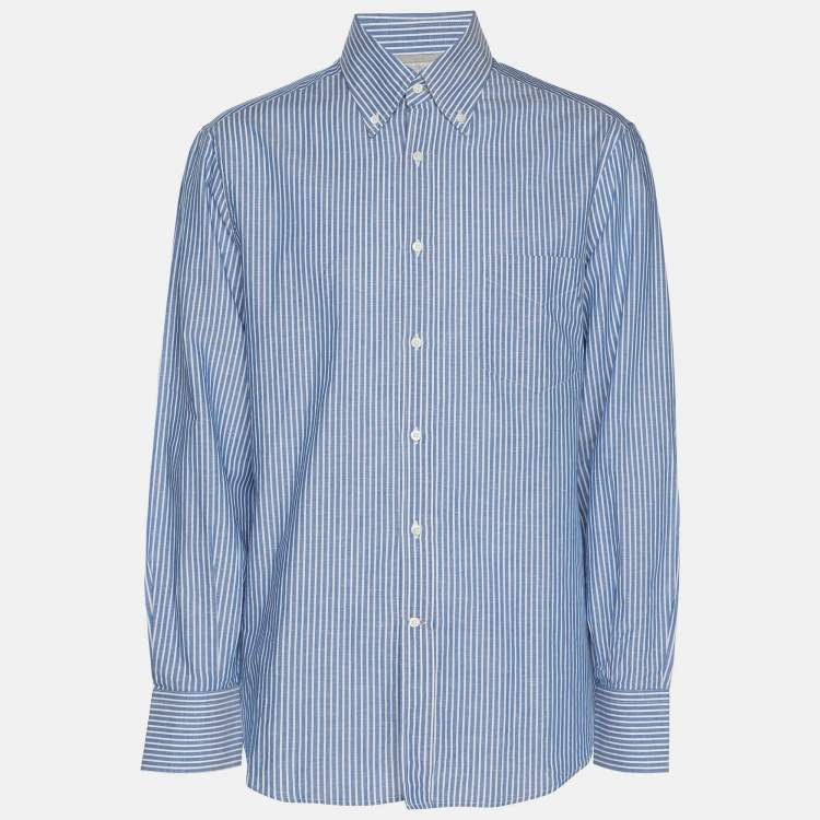 Pre Owned Brunello Cucinelli Blue/White Pinstripe Linen Blend Long Sleeve Shirt M