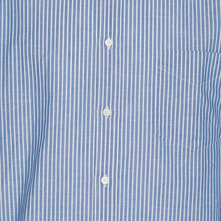 Pre Owned Brunello Cucinelli Blue/White Pinstripe Linen Blend Long Sleeve Shirt M