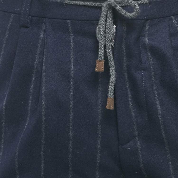 Pre Owned Brunello Cucinelli Blue Striped Wool Drawstring Trousers S