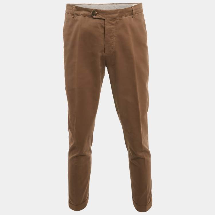 Pre Owned Brunello Cucinelli Brown Gabardine Straight Fit Pants M/Waist 34"