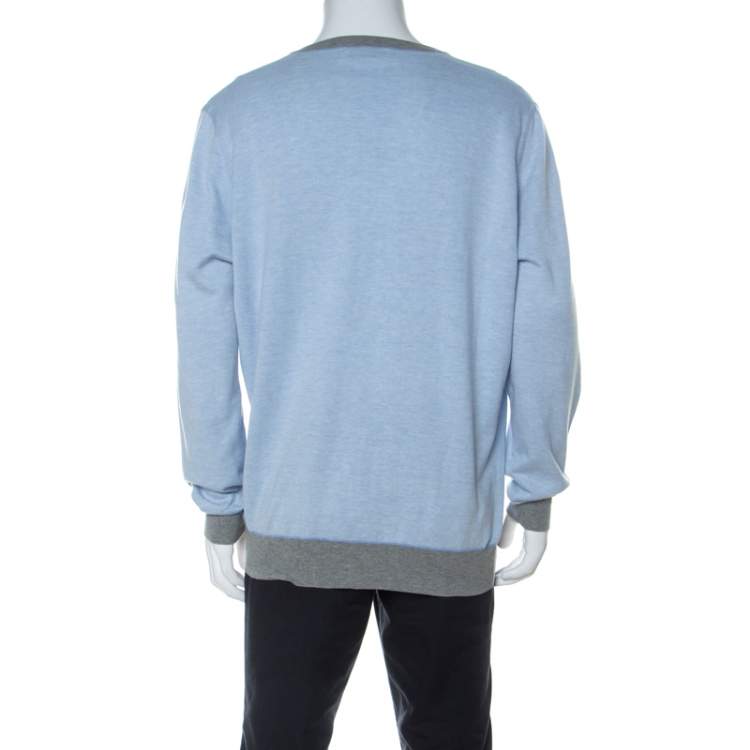 Pre Owned Brunello Cucinelli Light Blue Cotton V Neck Sweater 4XL