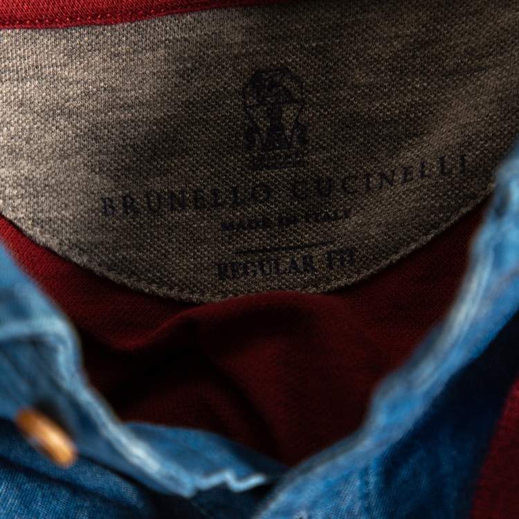 Pre Owned Brunello Cucinelli Maroon Cotton Denim Collar Detail Regular Fit T-Shirt L