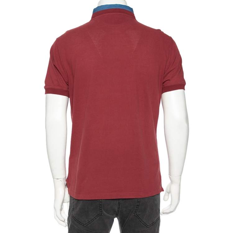 Pre Owned Brunello Cucinelli Maroon Cotton Denim Collar Detail Regular Fit T-Shirt L