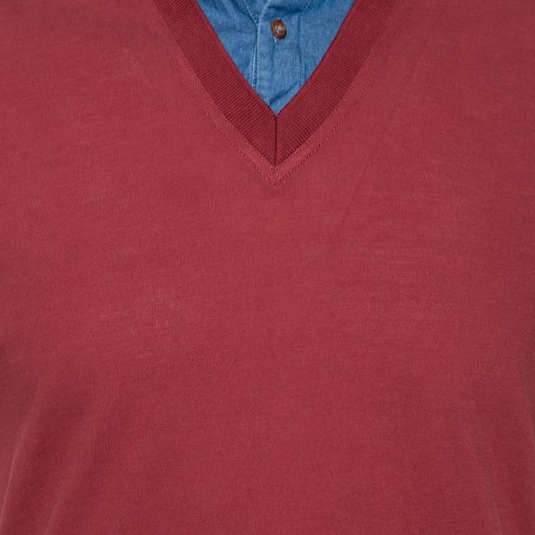Pre Owned Brunello Cucinelli Maroon Cotton Denim Collar Detail Regular Fit T-Shirt L