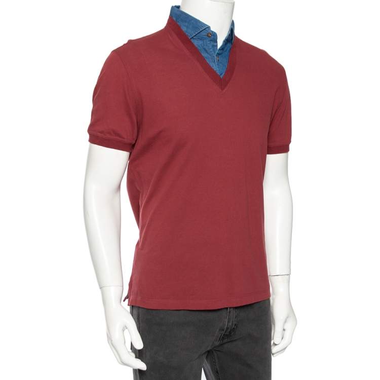 Pre Owned Brunello Cucinelli Maroon Cotton Denim Collar Detail Regular Fit T-Shirt L