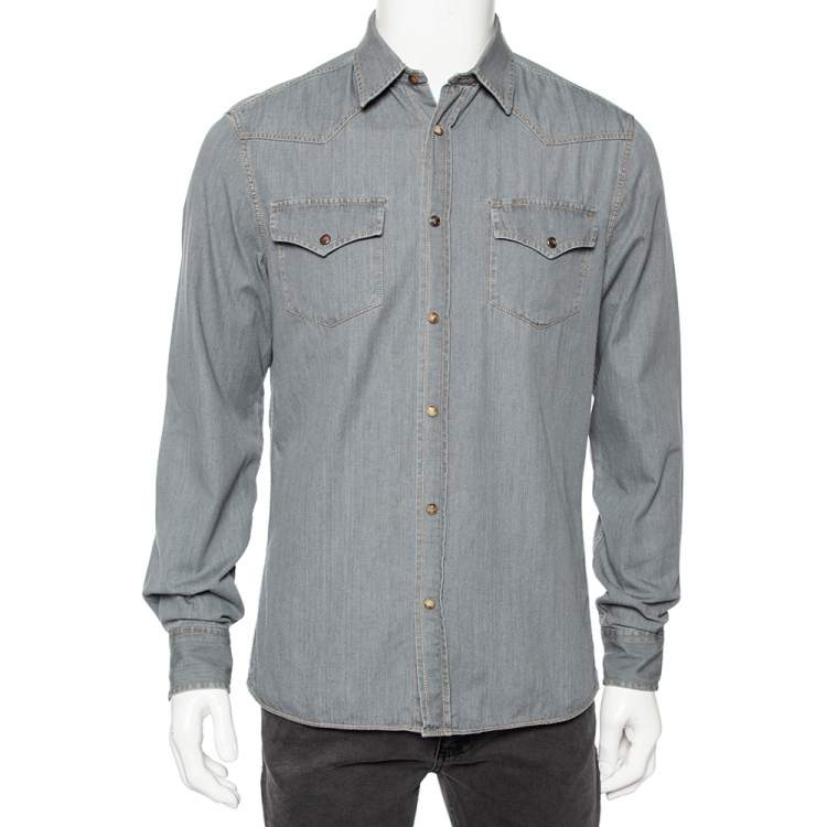 Pre Owned Brunello Cucinelli Grey Chambray Button Front Leisure Fit Shirt M