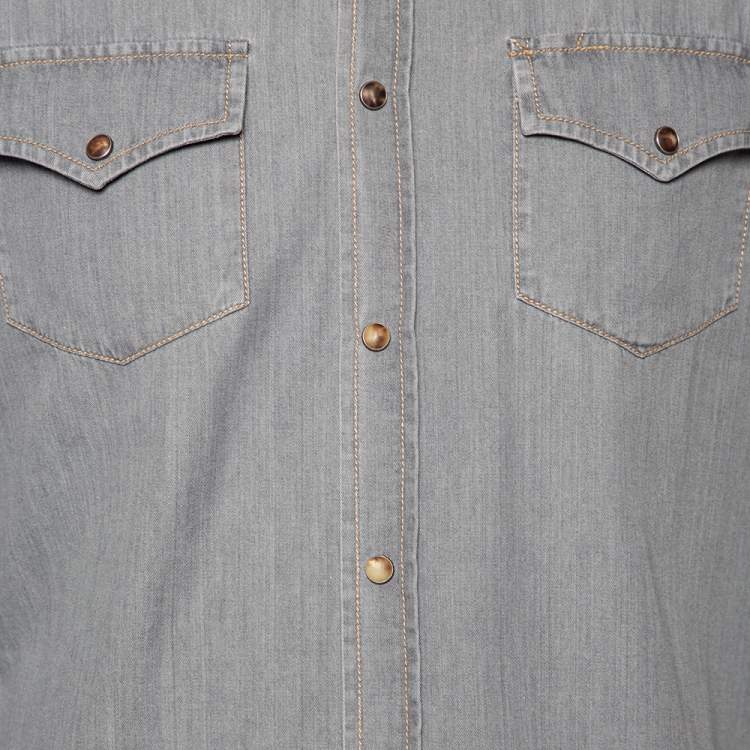 Pre Owned Brunello Cucinelli Grey Chambray Button Front Leisure Fit Shirt M