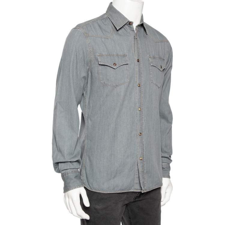 Pre Owned Brunello Cucinelli Grey Chambray Button Front Leisure Fit Shirt M