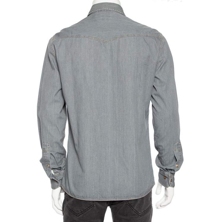 Pre Owned Brunello Cucinelli Grey Chambray Button Front Leisure Fit Shirt M