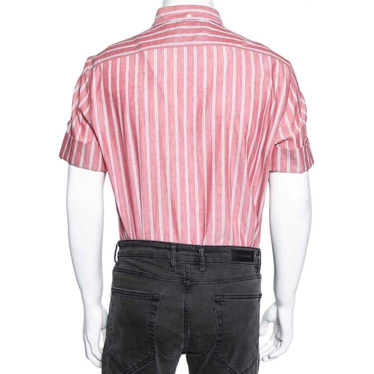 Pre Owned Brunello Cucinelli Pink Striped Cotton & Linen Leisure Fit Shirt XL