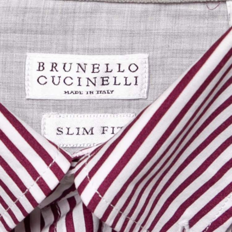Pre Owned Brunello Cucinelli White and Burgundy Striped Button Down Shirt XXL