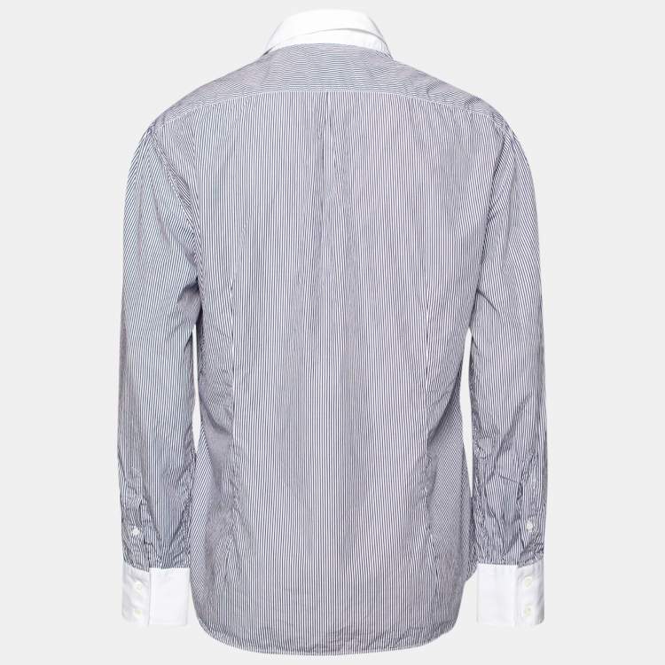 Pre Owned Brunello Cucinelli Blue and White Striped Cotton Button Front Shirt XXL