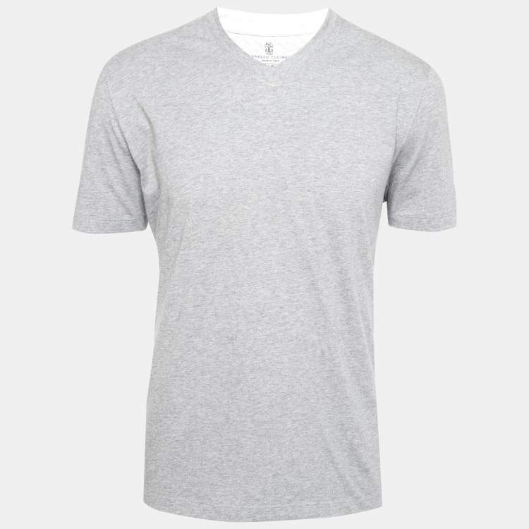Pre Owned Brunello Cucinelli Grey Cotton V-Neck Short Sleeve Regular Fit T-Shirt XXL