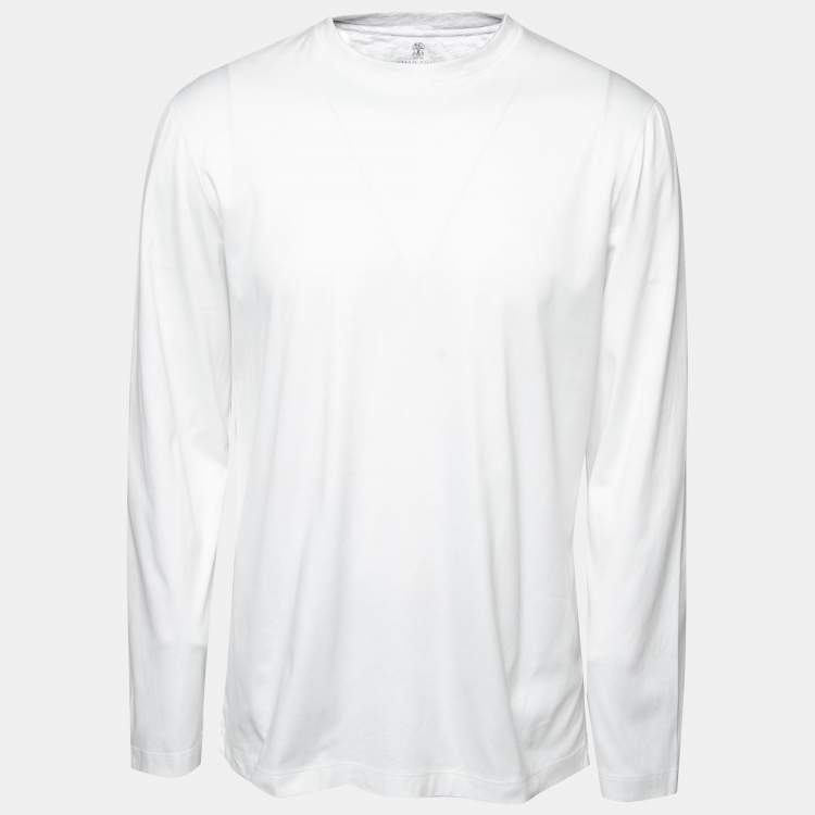 Pre Owned Brunello Cucinelli White Cotton Long Sleeve Slim Fit T-Shirt XL