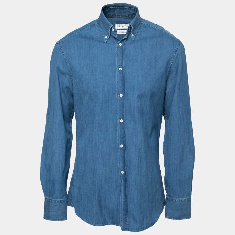 Pre Owned Brunello Cucinelli Blue Cotton Slim Fit Shirt M