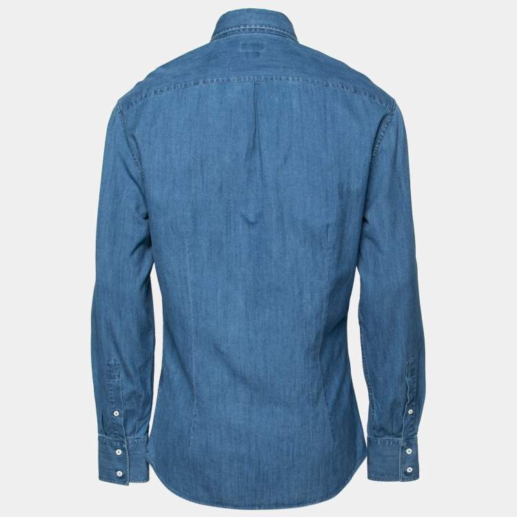 Pre Owned Brunello Cucinelli Blue Cotton Slim Fit Shirt M