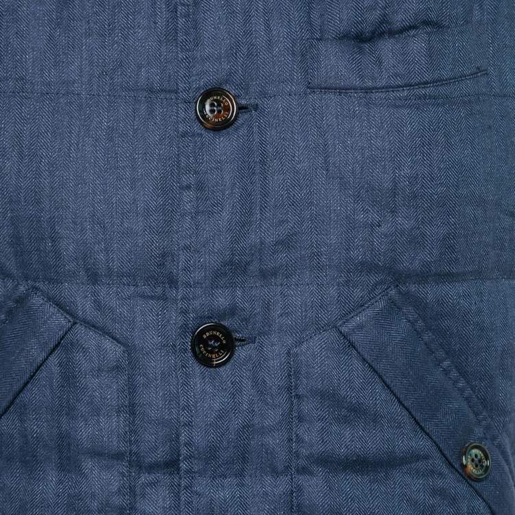 Pre Owned Brunello Cucinelli Blue Down Linen Button Front Gilet L