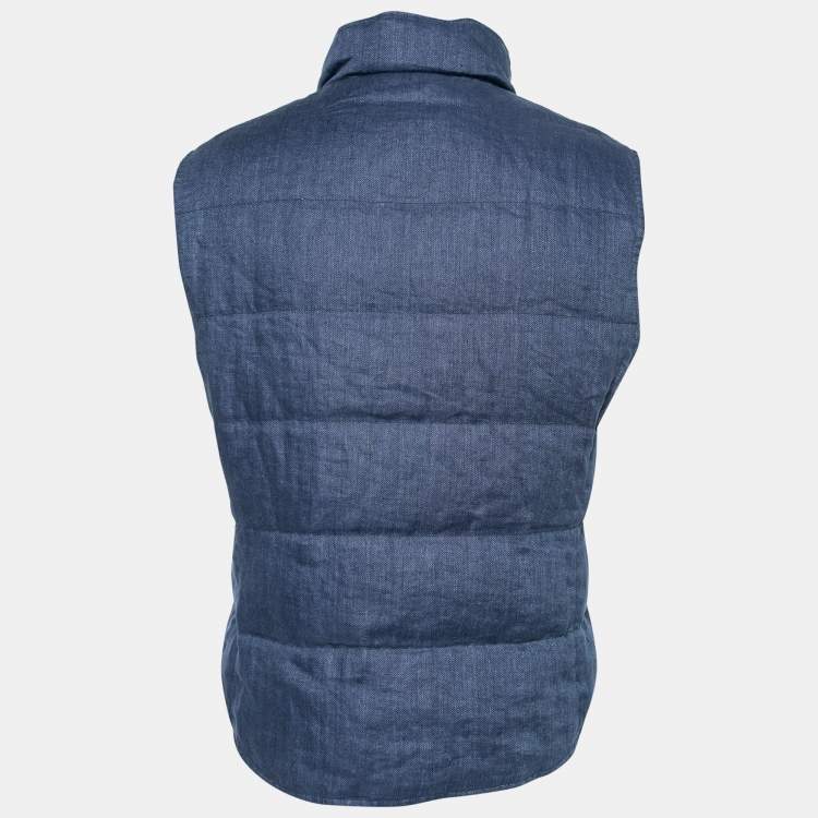 Pre Owned Brunello Cucinelli Blue Down Linen Button Front Gilet L
