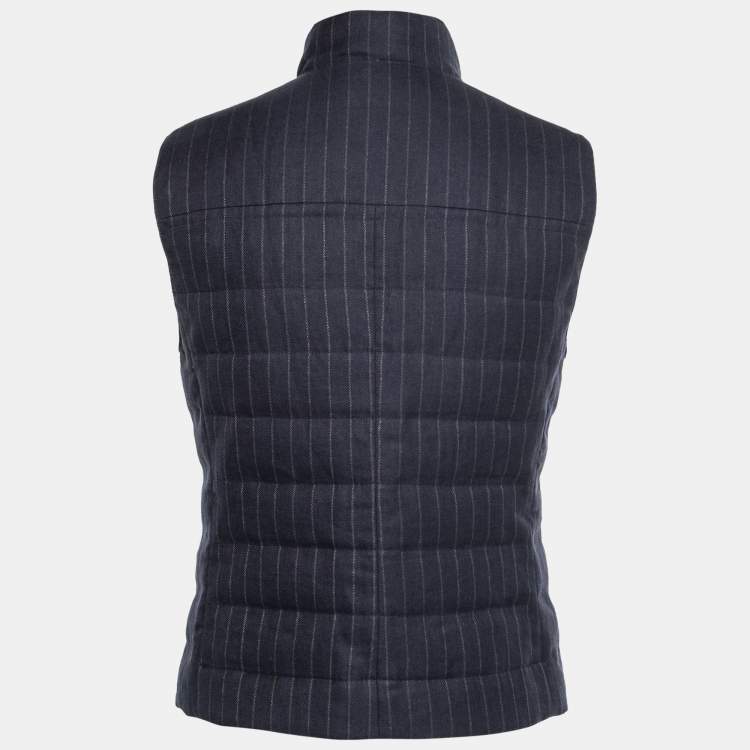 Pre Owned Brunello Cucinelli Navy Blue Striped Linen & Wool Zip-Front Jacket Vest S