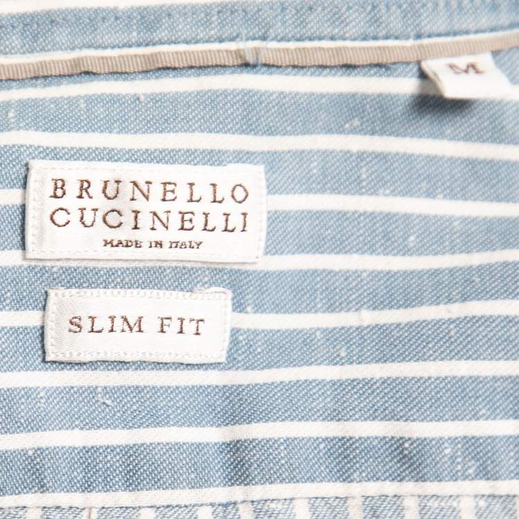 Pre Owned Brunello Cucinelli Blue Striped Cotton Button Down Slim Fit Shirt M