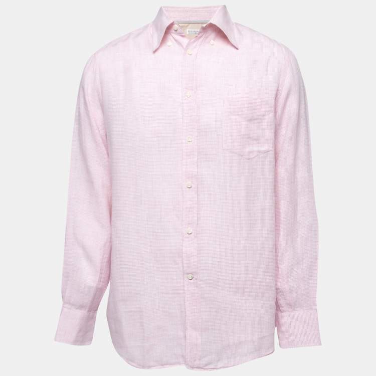 Pre Owned Brunello Cucinelli Pink Checked Patterned Linen Button Down Shirt L