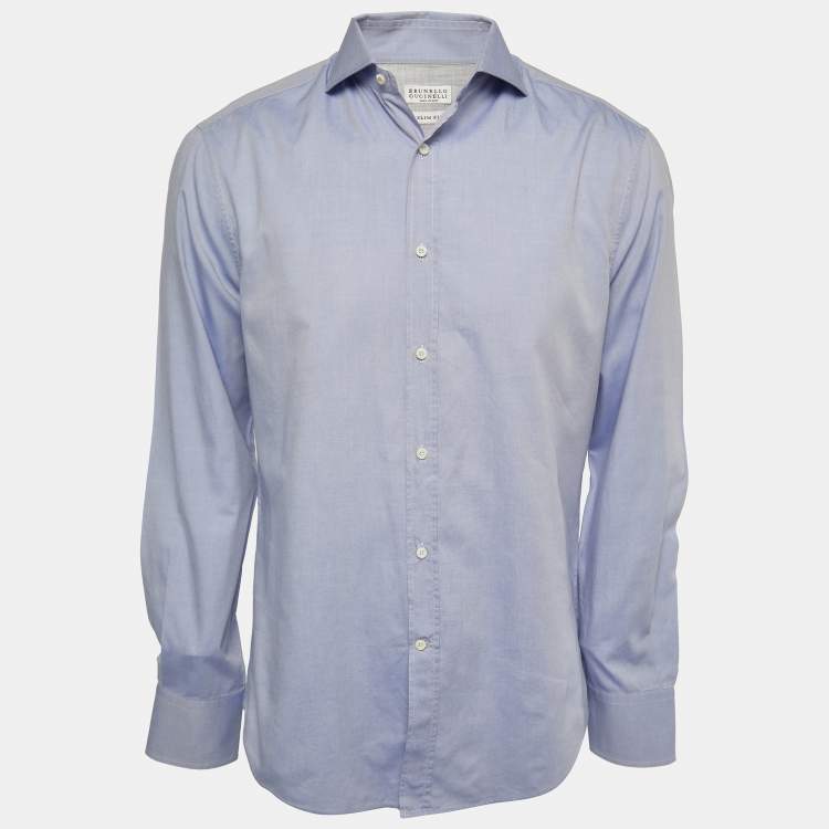 Pre Owned Brunello Cucinelli Blue Cotton Slim Fit Button Front Full Sleeve Shirt L