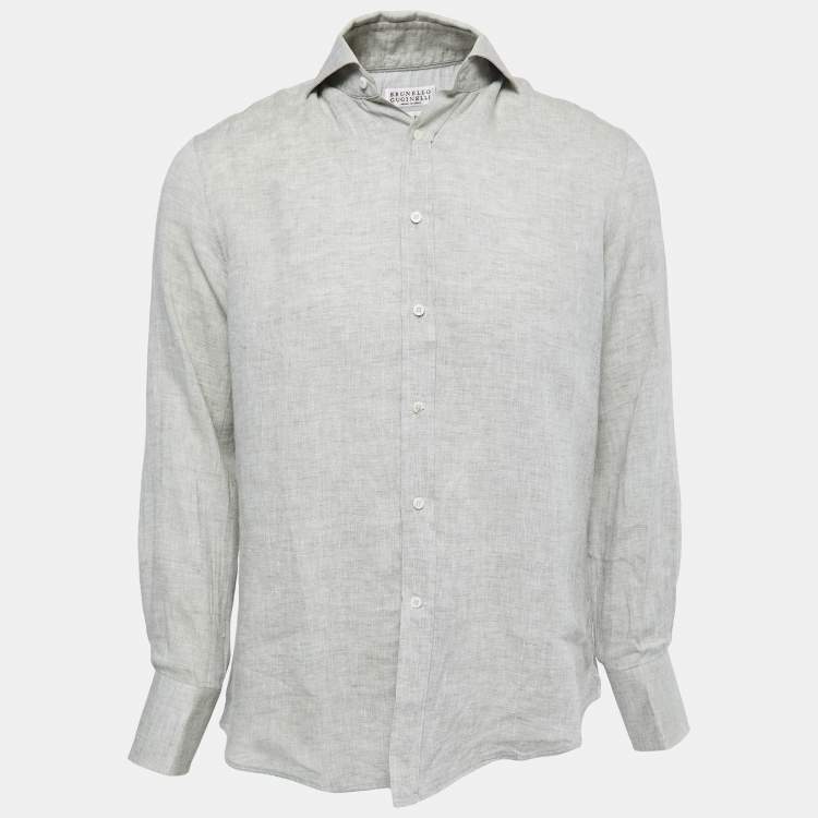 Pre Owned Brunello Cucinelli Grey Linen Slim Fit Full Sleeve Shirt M