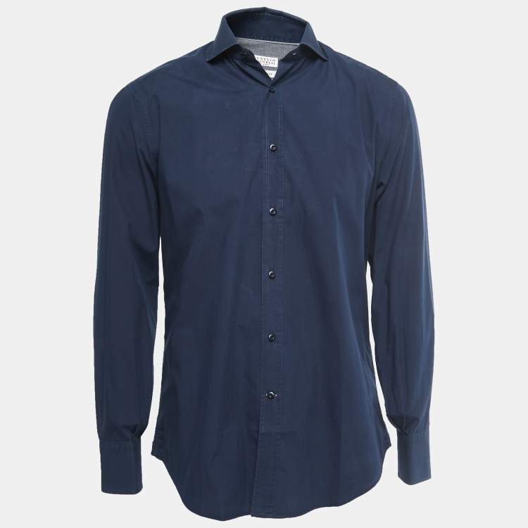 Pre Owned Brunello Cucinelli Navy Blue Cotton Basic Fit Button Down Shirt M