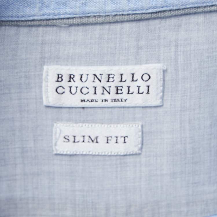 Pre Owned Brunello Cucinelli Light Blue Linen Slim Fit Button Down Shirt M