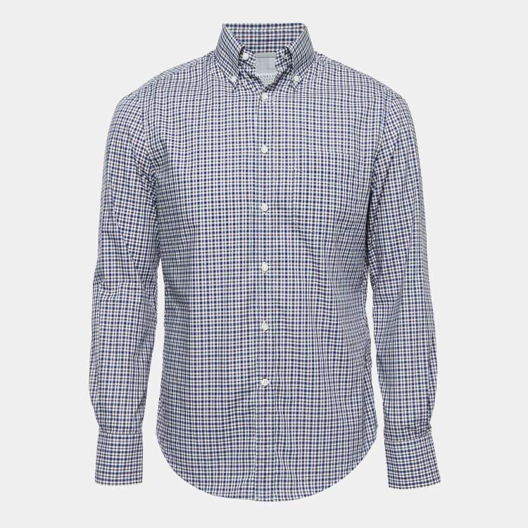 Pre Owned Brunello Cucinelli Navy Blue Plaid Cotton Button Down Full Sleeve Slim Fit Shirt S