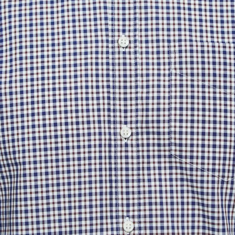 Pre Owned Brunello Cucinelli Navy Blue Plaid Cotton Button Down Full Sleeve Slim Fit Shirt S