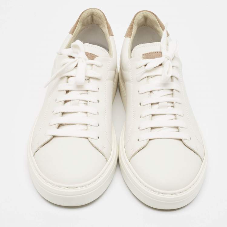 Pre Owned Brunello Cucinelli White/Beige Leather and Suede Low Top Sneakers Size 42